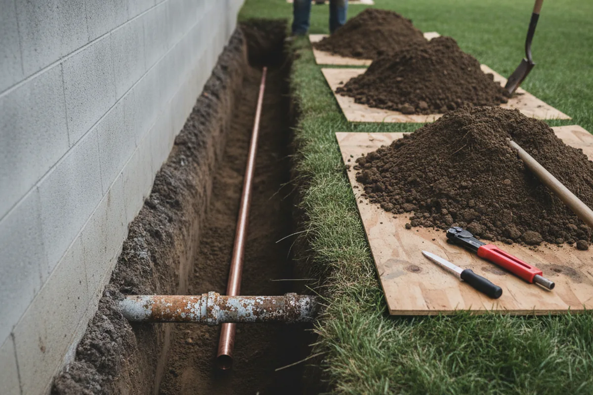 Excavated water line trench during Water Softener Installation in Swampscott